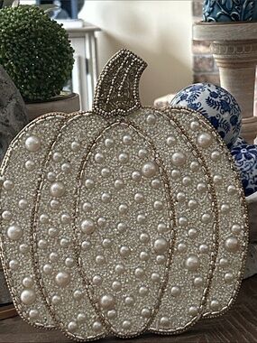NEW! Large Shabby Chic Creamy White Gold Beaded Wood Pearl Fall Harvest Pumpkin